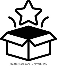Ilustración de una caja abierta con una estrella roja arriba, adecuada para marca, empaque o contenido promocional.