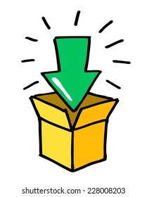 Illustration of open cardboard box and arrows