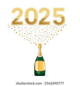 Illustration of Open Champagne with 2025 Flying Number on The Celebration Happy New Year Vector Illustration.