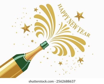 Illustration of Open Champagne Bottle Flying Happy New Year Text for Celebration Background.