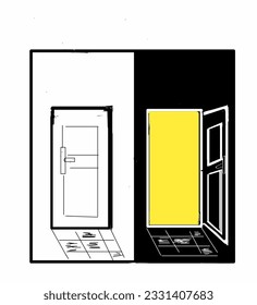 Ilustración de una puerta abierta y cerrada