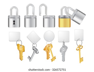 Illustration of open and closed padlocks with keys and keychains isolated