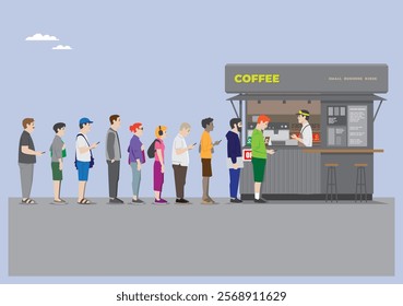 an illustration of an open coffee shop with a people queue in line and grey colors with barista serving