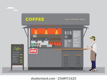 an illustration of an open coffee shop with a ramen coffee sign and dark grey colors with barista stand