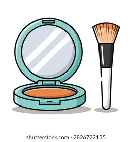 An illustration of an open compact powder case with a mirror and a makeup brush, rendered in a clean, outlined cartoon style on a white background.