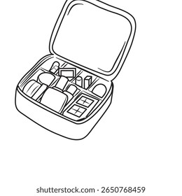 Ilustração de um saco cosmético aberto preenchido com maquiagem e ferramentas como escovas, esmalte de unha e paleta de sombra perfeito para conteúdo de beleza e moda.