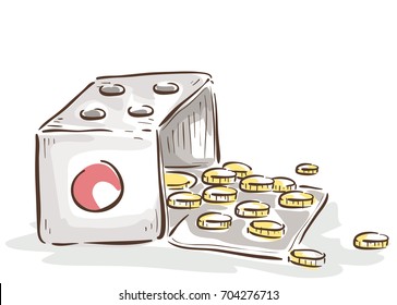 Illustration of an Open Die with Coins Inside. Lucky Money Concept