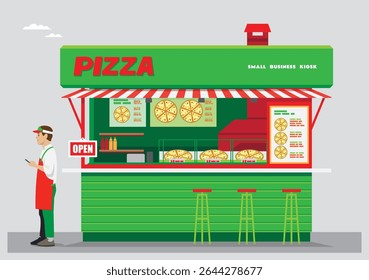 an illustration of an open donut shop with a big donut sign and a colorful building with shop owner stand beside