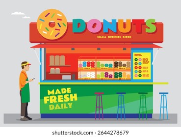an illustration of an open donut shop with a big donut sign and a colorful building with shop owner stand beside