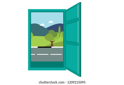 illustration Open the door. and enjoy 
Beautiful valley view. Vector illustration