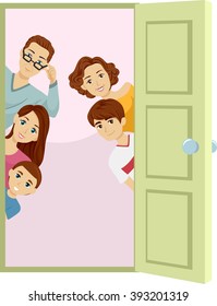 Illustration of an Open Door with a Family Peeking from Behind