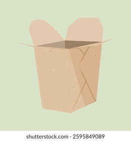 Illustration of an open, empty, beige takeout box on a light green background. The takeout box is shown with flaps open, highlighting its simple, minimalist design. Minimal illustration vector.