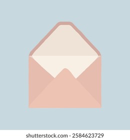 Illustration of an open envelope with a beige interior and a light pink exterior on a light blue background. Simple and minimalist envelope design. Aesthetic vector illustration.