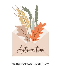 Illustration of open envelope with bouquet of herbs and leaves and inscription autumn time. Cute seasonal design, concept of arrival of autumn. Letter from message, vector graphics