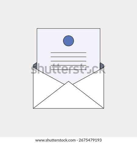 Illustration of an open envelope with a letter inside. The envelope and letter are simple and minimalistic, featuring a blue circle and lines on the letter. Business vector.