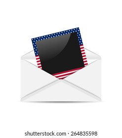 Illustration open envelope with photo frame in US national colors for Independence Day, isolated on white background - vector