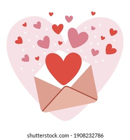 Illustration of an open envelope from which hearts fly out. Illustrates love in messages. Simple flat cute style. Suitable for Valentine's Day.