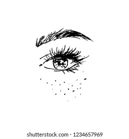 Illustration of an open eye with long eyelashes.