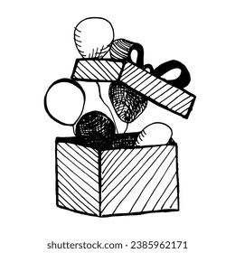 illustration of an open gift box black and white with balloons. Holiday every day vector