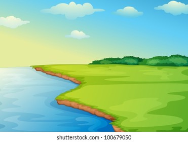 Illustration of open grass field on waters edge