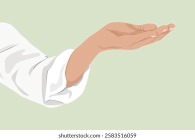 Illustration of an open hand with a light skin tone, palm facing up. The hand is wearing a white sleeve, set against a light green background. Aesthetic vector illustration.