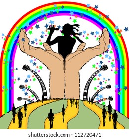Illustration of open hands, inspired by hippie art and posters from the sixties.