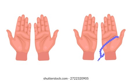 Ilustração de mãos abertas em um gesto de oração, um par vazio e o outro com contas de oração azul (tasbih). Retrata o culto espiritual e a devoção religiosa.