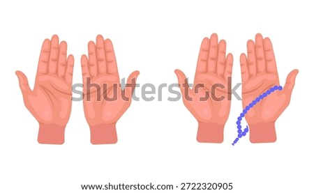 Illustration of open hands in a prayer gesture, one pair empty and the other with blue prayer beads (tasbih). Depicts spiritual worship and religious devotion.