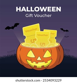 Illustration of an open horror pumpkin with a coupon inside in a scary evening