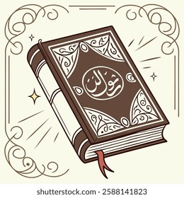 Illustration of an open Islamic book featuring elegant Arabic calligraphy and decorative border. Great for faith based projects or illustrating cultural elements.