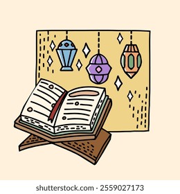 Illustration of an Open Koran on a Stand with a Vintage Lantern in the Background