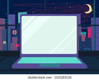 Ilustración de una laptop abierta por la ventana con edificios en la noche