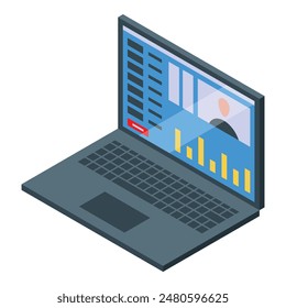 Illustration of an open laptop displaying colorful charts, graphs for business analytics