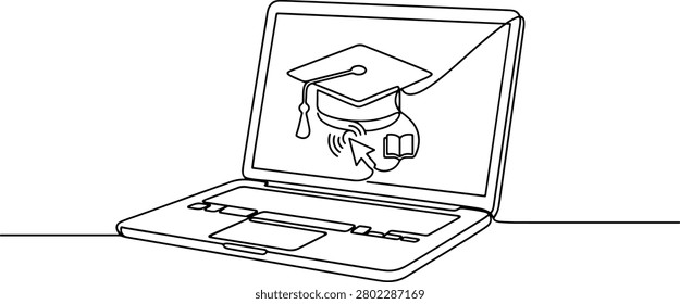 Illustration of open laptop screen displaying a graduation cap icon, online learning, hand drawn outline vector illustration.