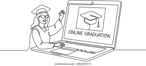 Illustration of open laptop screen displaying a graduation cap icon, online learning, hand drawn outline vector illustration.