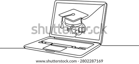 Illustration of open laptop screen displaying a graduation cap icon, online learning, hand drawn outline vector illustration.