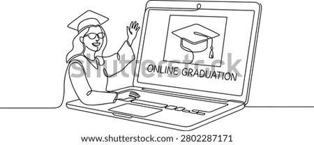 Illustration of open laptop screen displaying a graduation cap icon, online learning, hand drawn outline vector illustration.