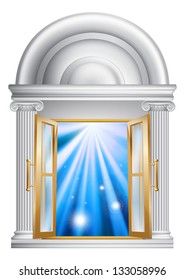 An illustration of an open marble door entrance with blue light on the other side, could be a concept for heaven or the afterlife