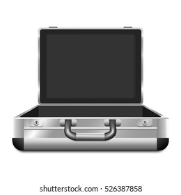Illustration of an open metallic briefcase. Vector. Isolated on white background.