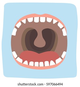 Illustration of an open mouth with teeth and tongue on a blue background
