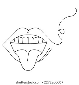 illustration of an open mouth with tongue sticking out in line one style, vector.