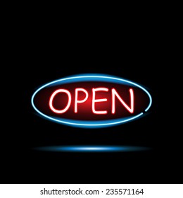 Illustration of an Open neon sign against a dark background.