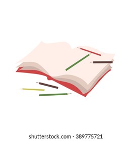 Illustration of open notebook with colorful pencils in flat style on white background. Vector colorful illustration isolated on white.