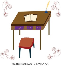 Illustration of open notebook  and an ink pot with feather on a table with a single stool