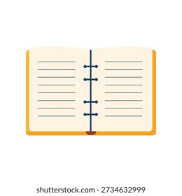 Illustration of an open notebook with lined pages and a yellow cover on a white background.