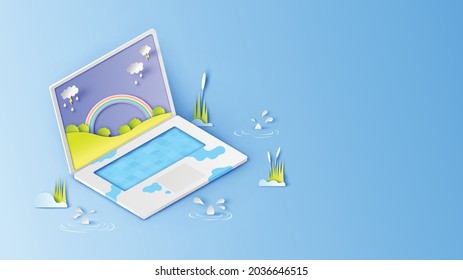 Ilustración de abrir un cuaderno con paisaje natural en la temporada de lluvias en pantalla. Diseño gráfico para la temporada de lluvias. corte de papel y estilo artesanal. vector, ilustración.