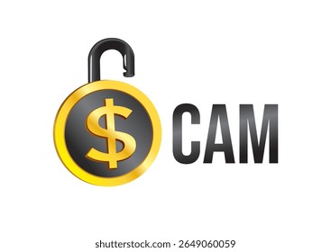 Ilustração de um cadeado aberto com um símbolo de dólar e a palavra "SCAM" representando violações de segurança on-line