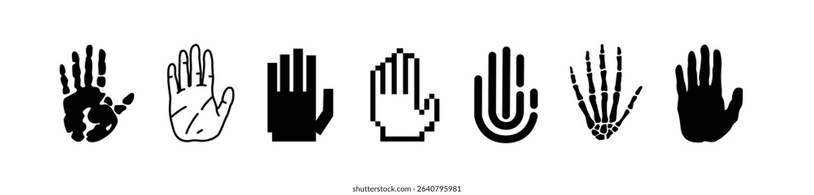 illustration of open palm set showing 5 fingers in various shapes, stop symbol, greeting sign	