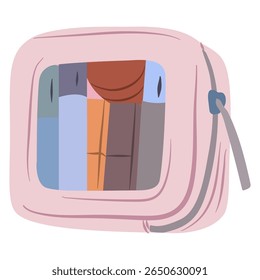 Illustration of an open pink backpack showing books and other belongings inside, creating a school or travel theme Great for educational or design projects