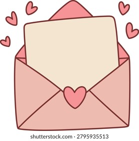 Illustration of an open pink envelope with blank paper surrounded by floating hearts.